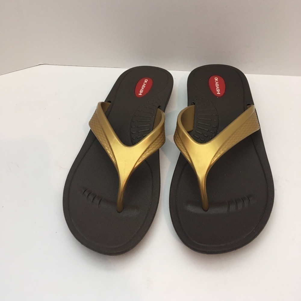 Okabashi brown and gold flip flops size ML